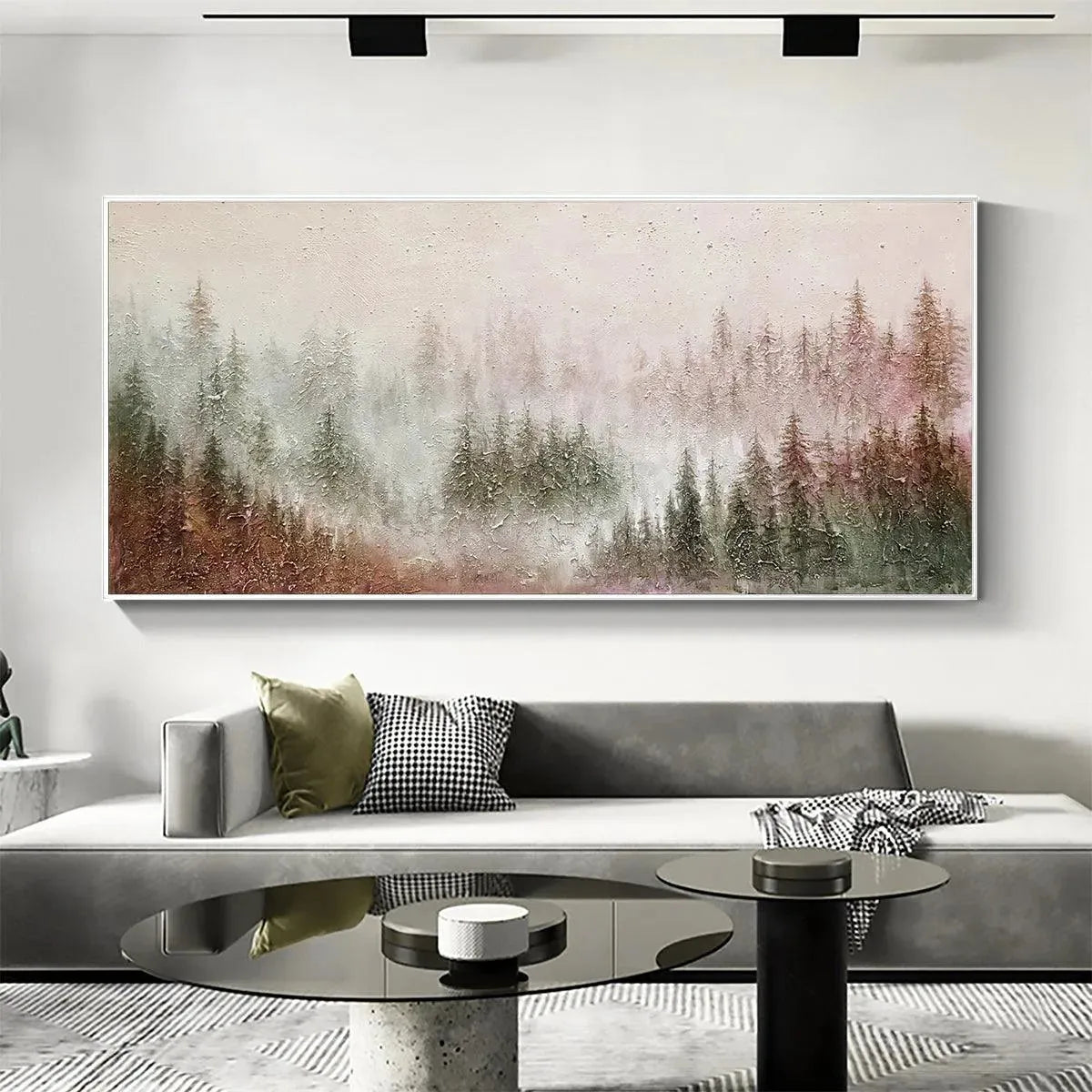 MISTY PINES: Panoramic Misty Forest Landscape Oil Painting - Image 5