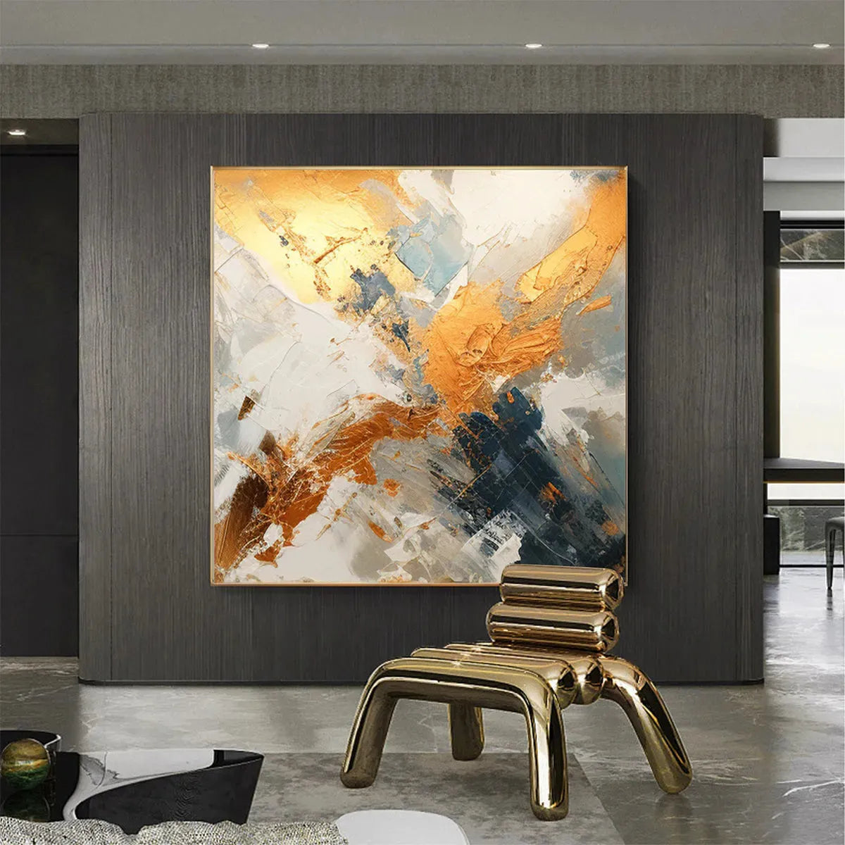 GILDED CONFLUENCE: Square Abstract Oil Painting with Gold, and Grey - Image 5