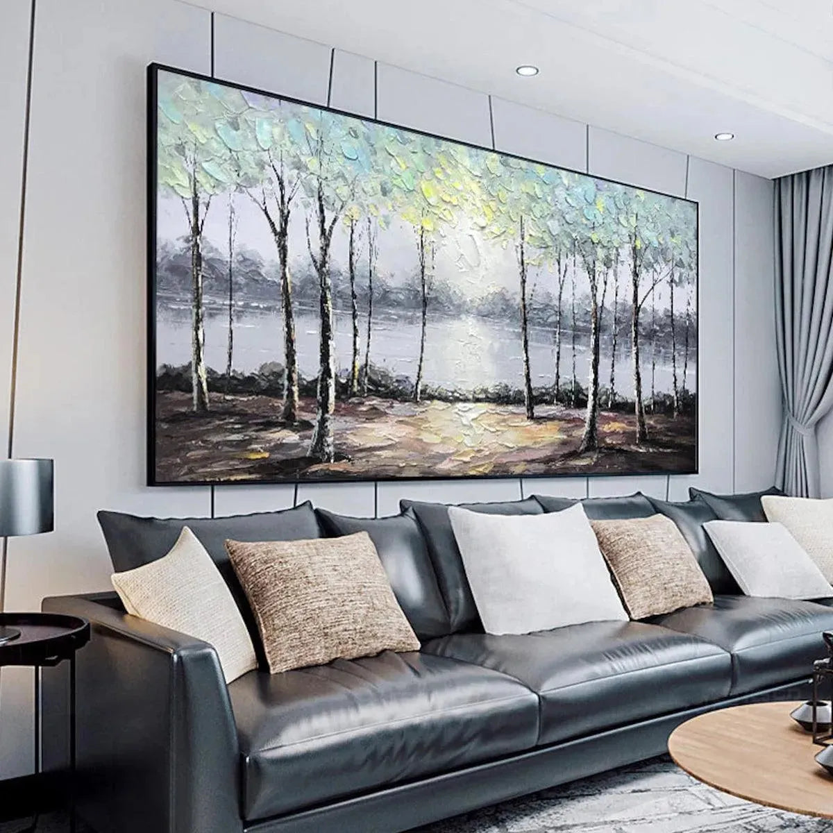 SERENE WATERS: Panoramic Landscape Painting, Textured Trees and Lake - Image 4