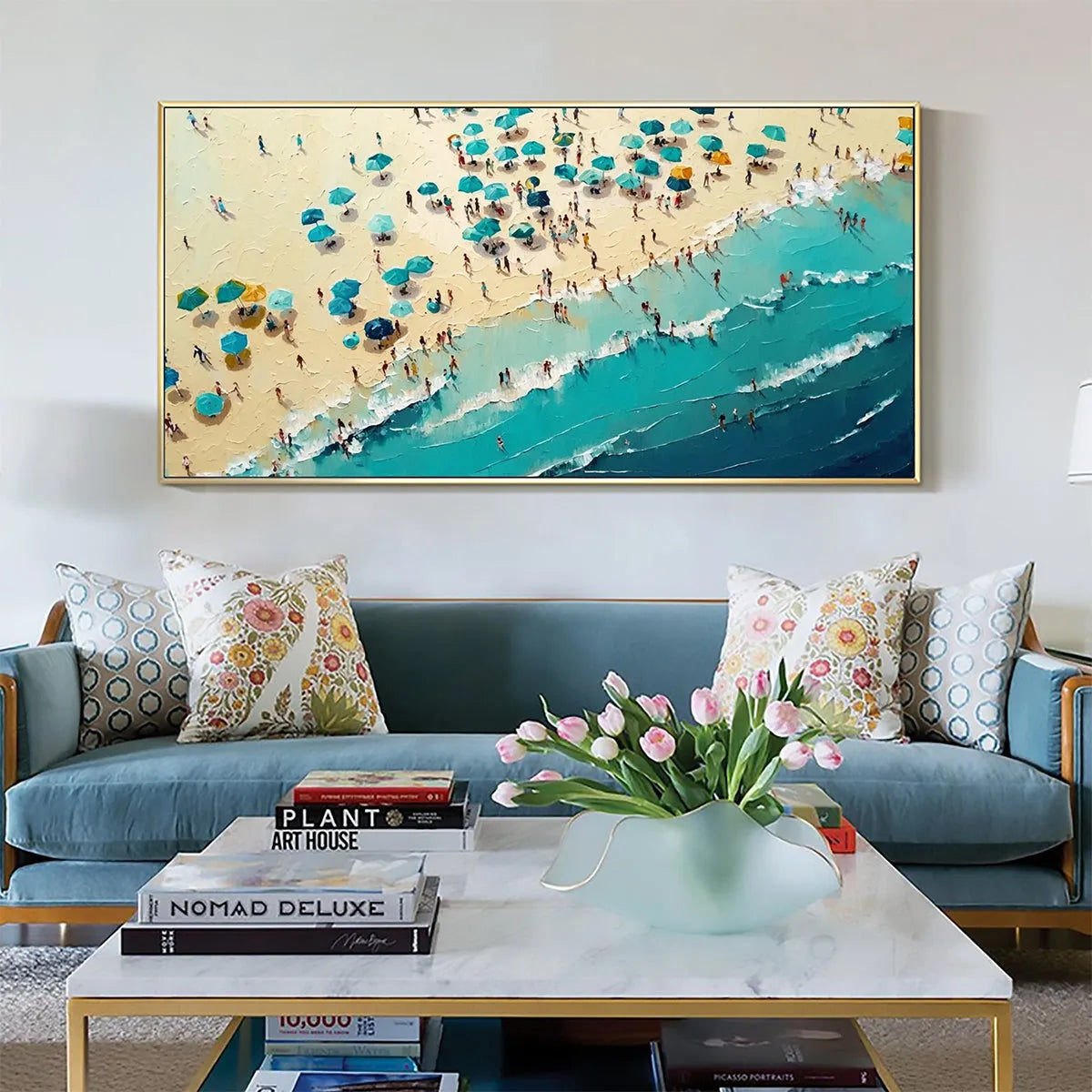 SUMMER AFTERNOON: Beach Scene Oil Painting with Beach Umbrellas - Image 2