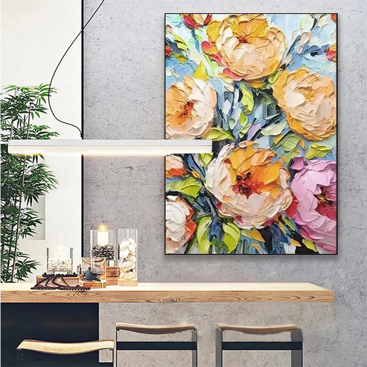 SUMMER BLOOM: Textured Impasto Floral Painting in Yellow and Pink for Living Room - Image 7