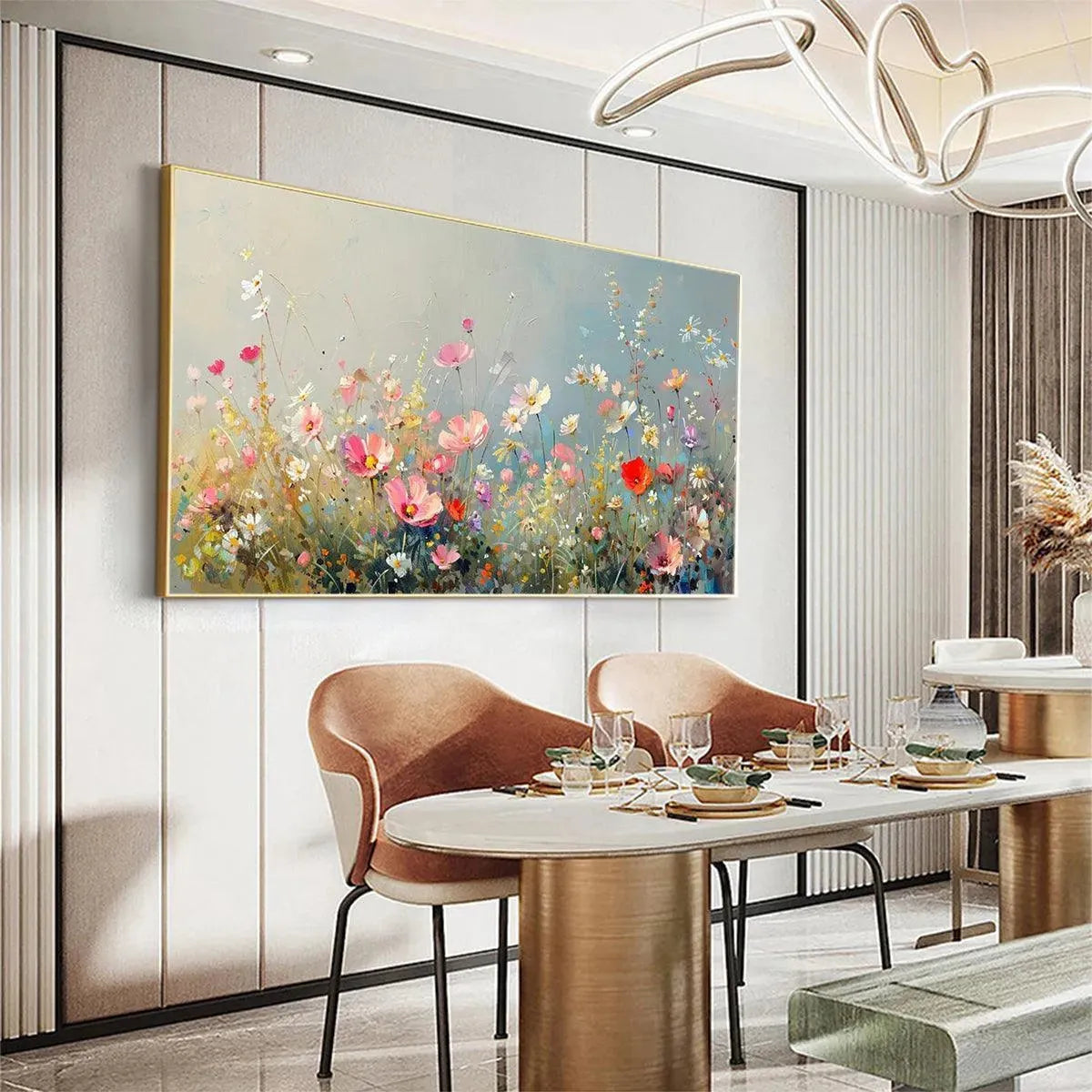 WILD MEADOW: Panoramic Floral Landscape Painting in Pink and White - Image 4