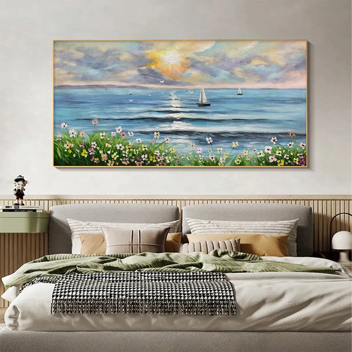 SUNSET SAIL: Coastal Sunset Painting, Sailboat and Wildflowers, Horizontal Canvas, Ocean Decor - Image 8
