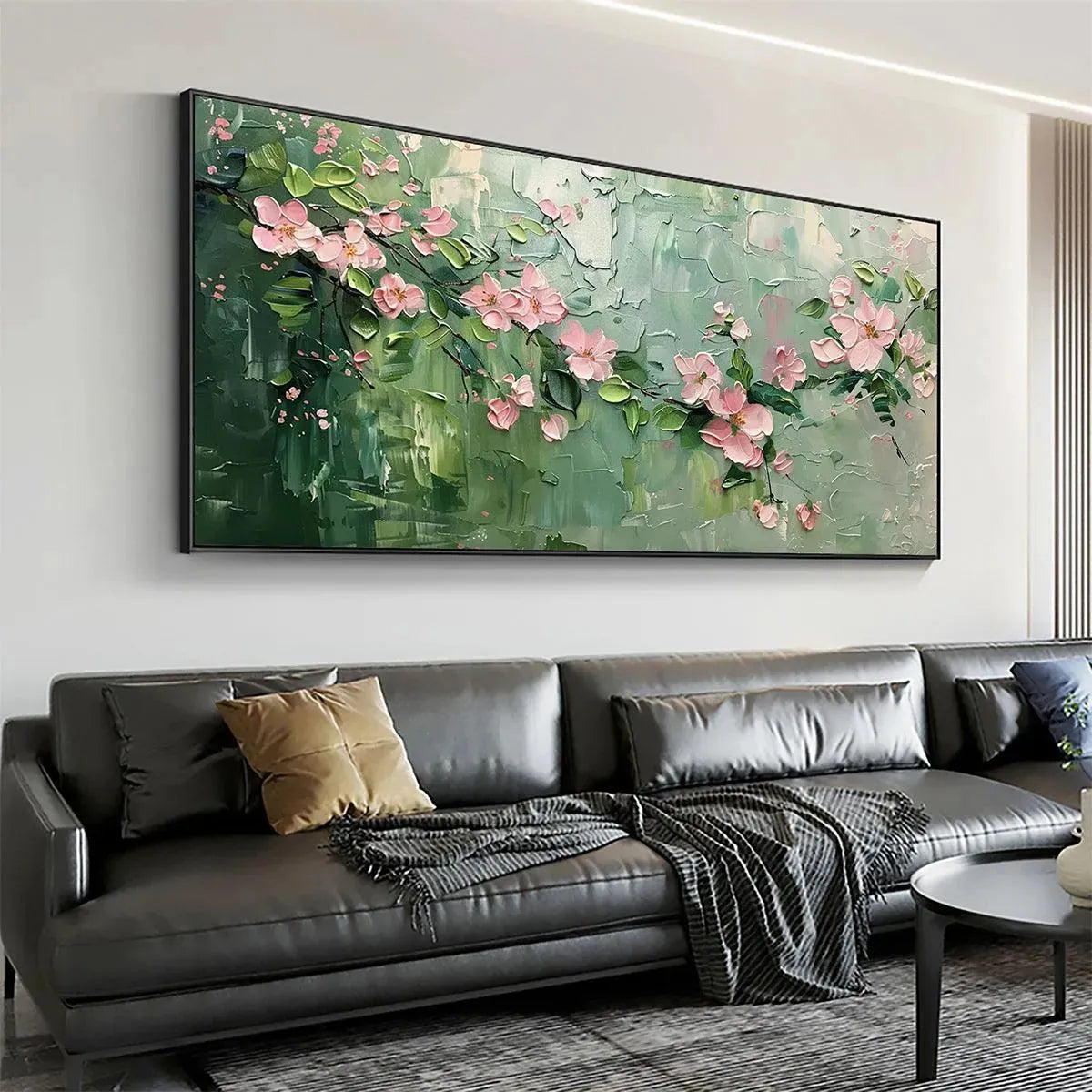 SPRING BLOSSOM: Textured Pink Floral Painting on Green Background - Image 7