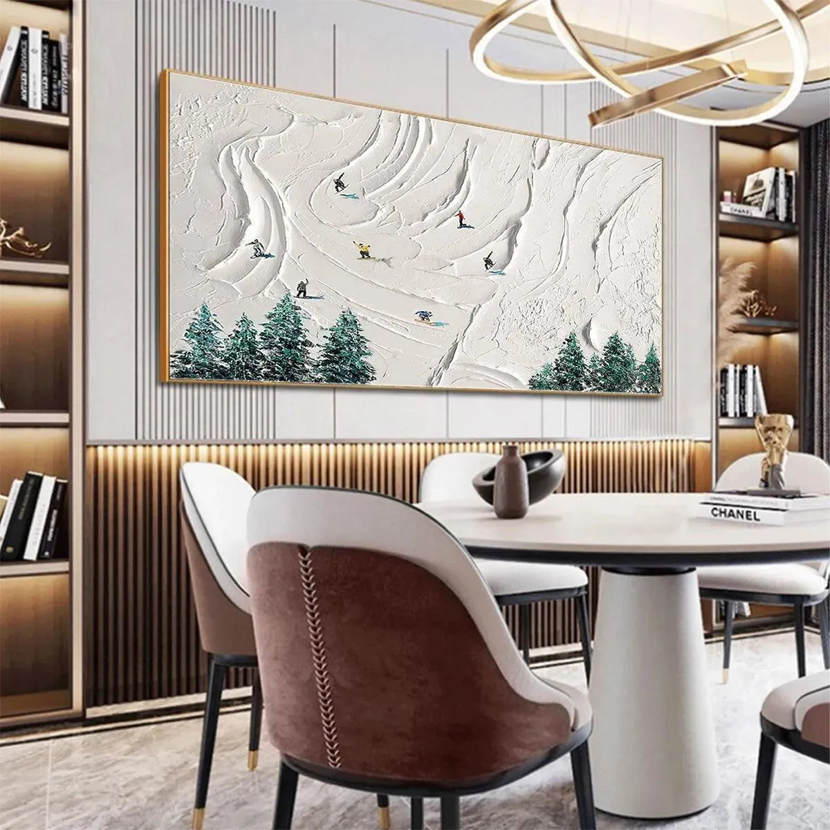SNOWY PEAKS: Textured Minimalist Winter Landscape Painting with Skiers - Image 4