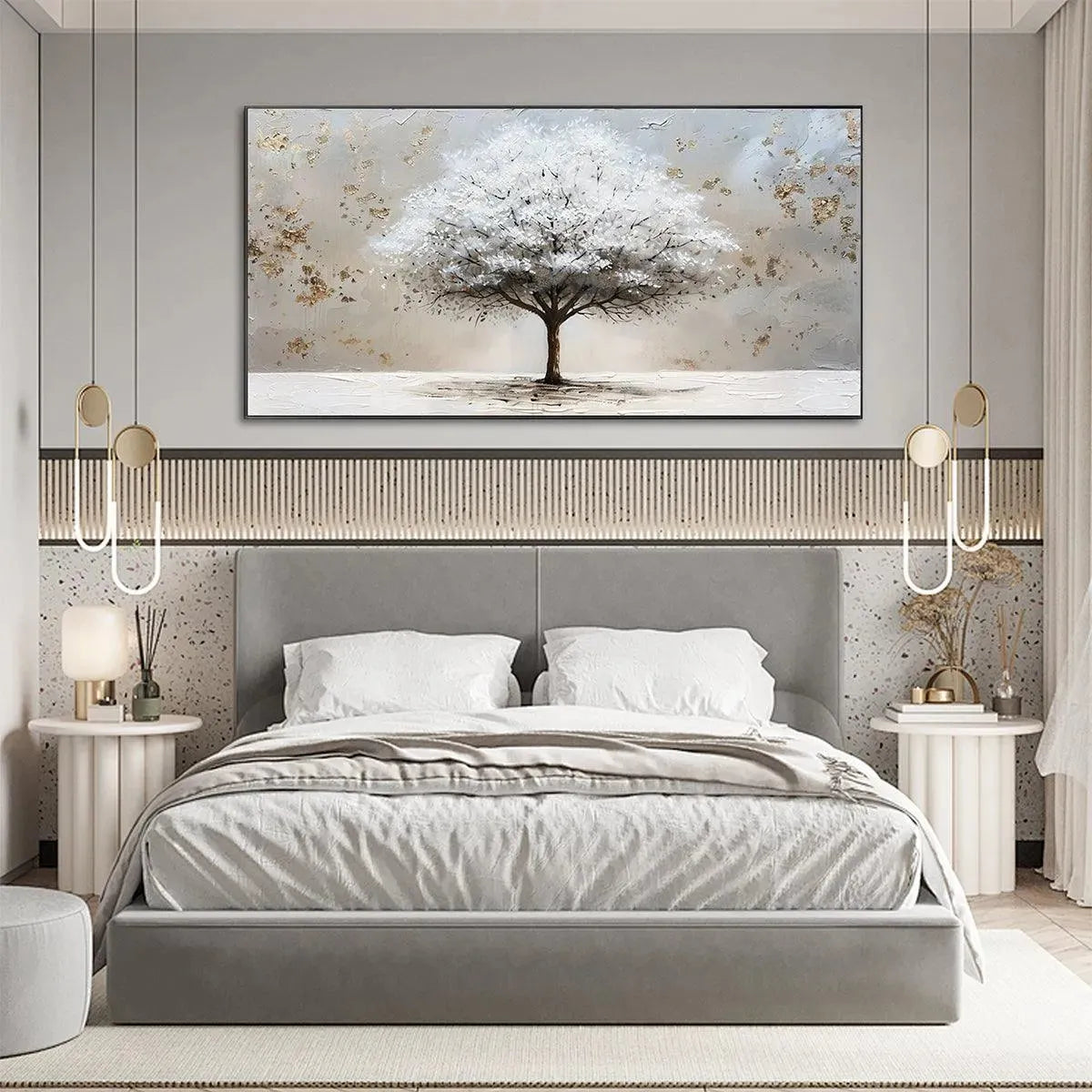 WINTER'S GRACE: Textured White Tree Painting with Gold Accents on Beige - Image 6