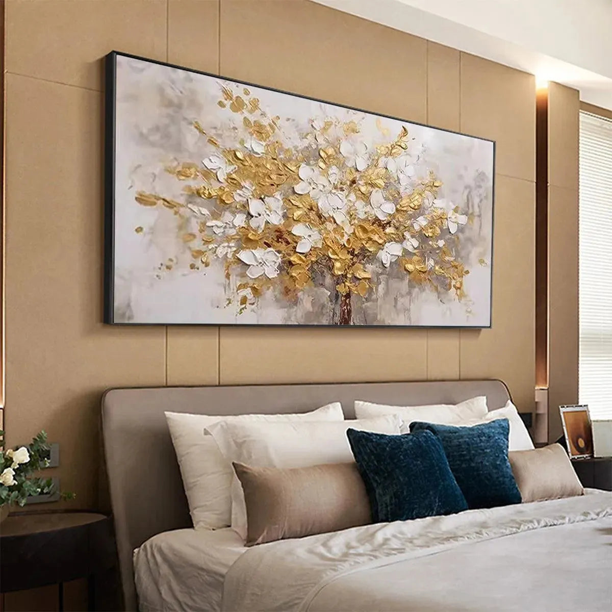 GOLDEN GARDEN: Textured White and Gold Floral Impasto Painting - Image 8