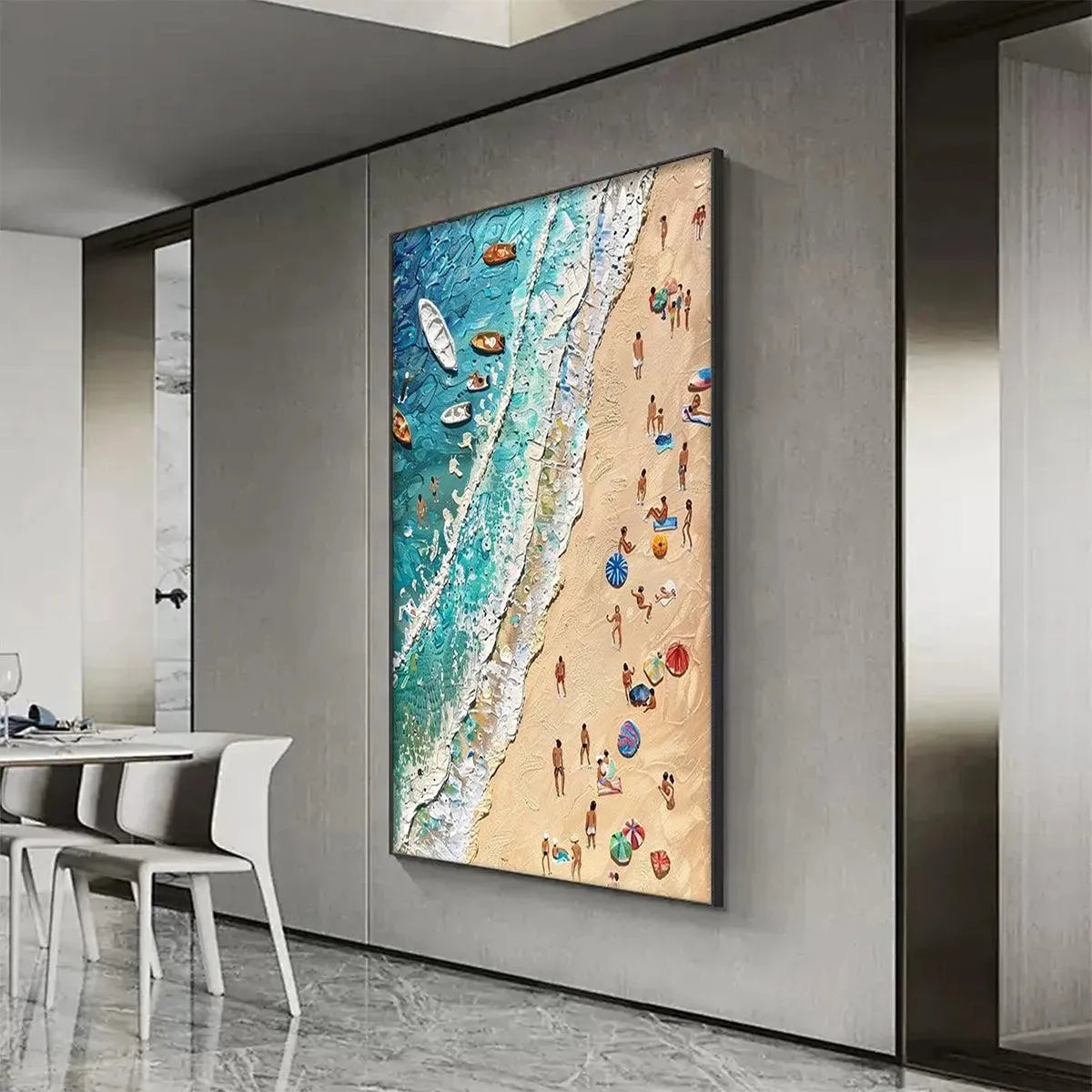 SUN-KISSED SHORES: Textured Beach Scene Painting with Figures - Image 5