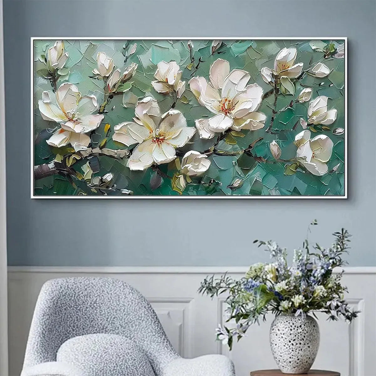 JADE MAGNOLIAS: White Magnolia Impasto Painting for Living Room - Image 2