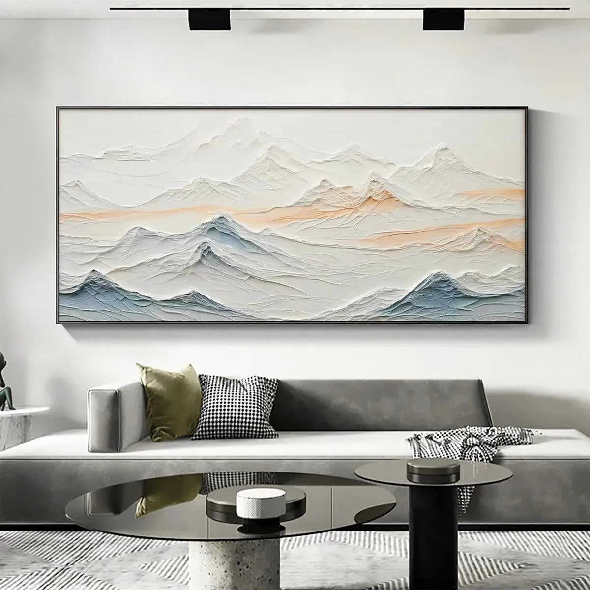 TRANQUIL PEAKS: Textured Abstract Mountain Landscape Painting in Beige and Blue - Image 3