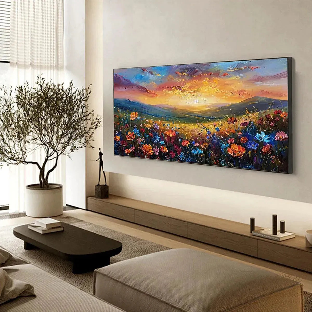 SUNSET SERENADE: Textured Floral Landscape Painting, Impasto Wall Art, Horizontal Canvas, Sunset Decor - Image 10
