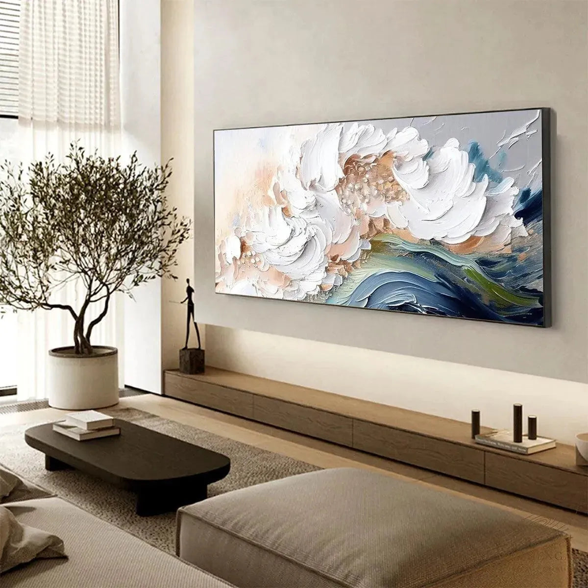 OCEAN WHISPERS: Textured Abstract Seascape Painting, White and Blue Wall Art, Panoramic Canvas, Coastal Decor - Image 9