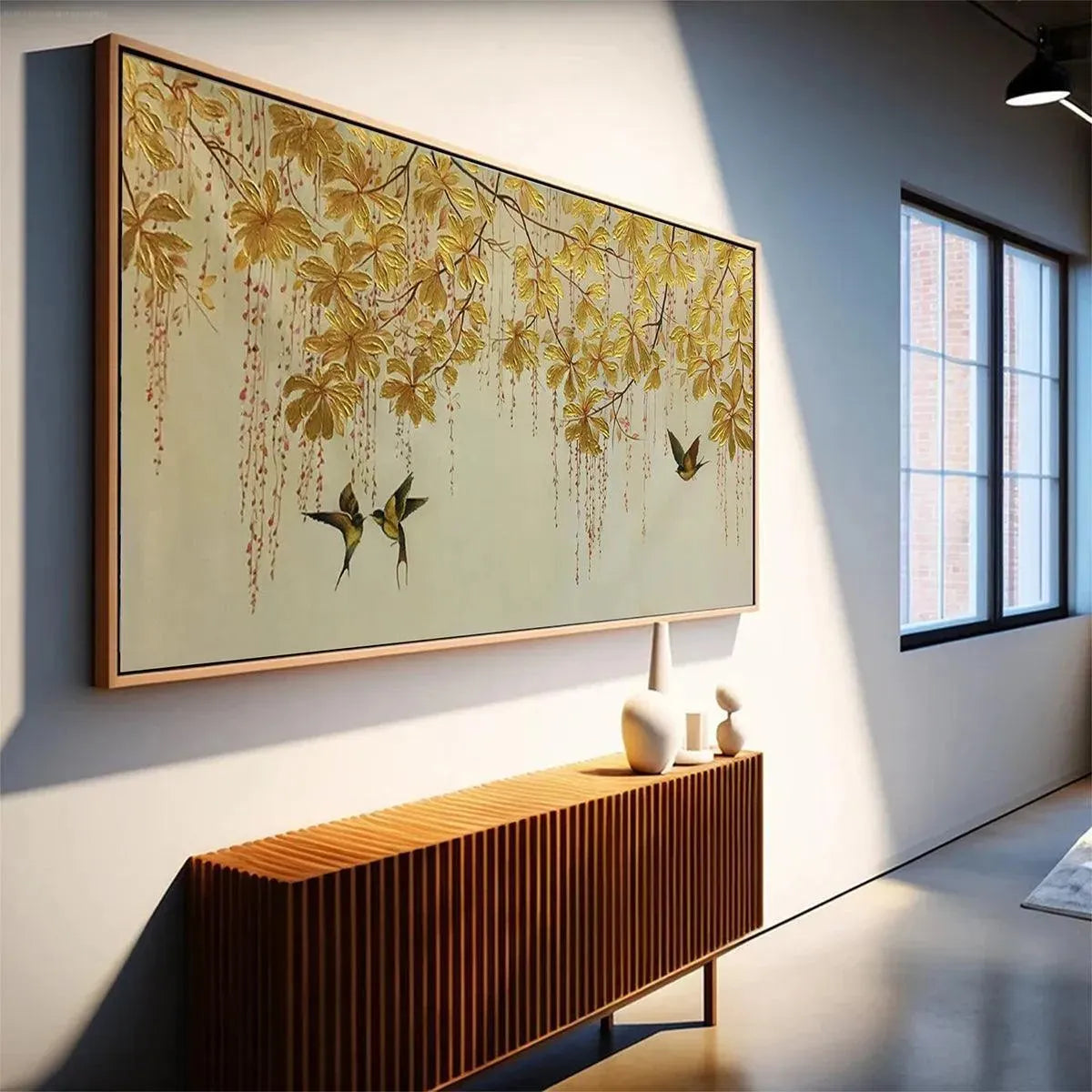 GOLDEN GARDEN: Panoramic Golden Leaf and Bird Painting | Asian Art - Image 5