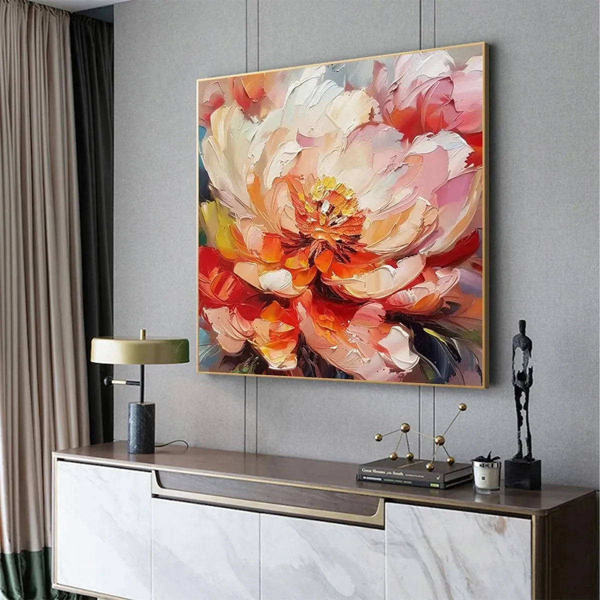 BLOOMING PEONY: Textured Impasto Peony Painting in Pink and Orange - Image 6