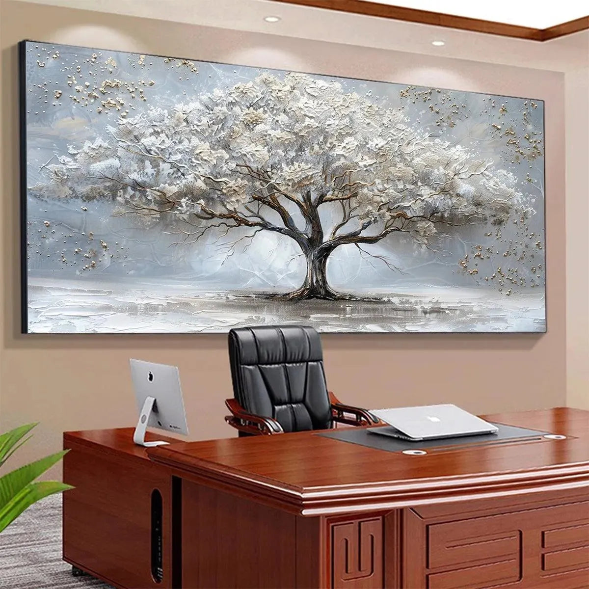SILVER LINING: Textured White and Gold Tree Painting on Grey Background - Image 7