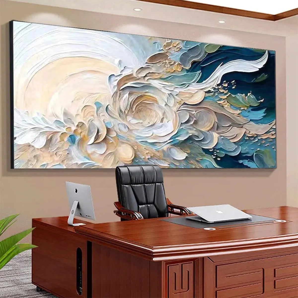 OCEANIC BLOOM: Textured Abstract Floral Painting in Blue and Beige - Image 6