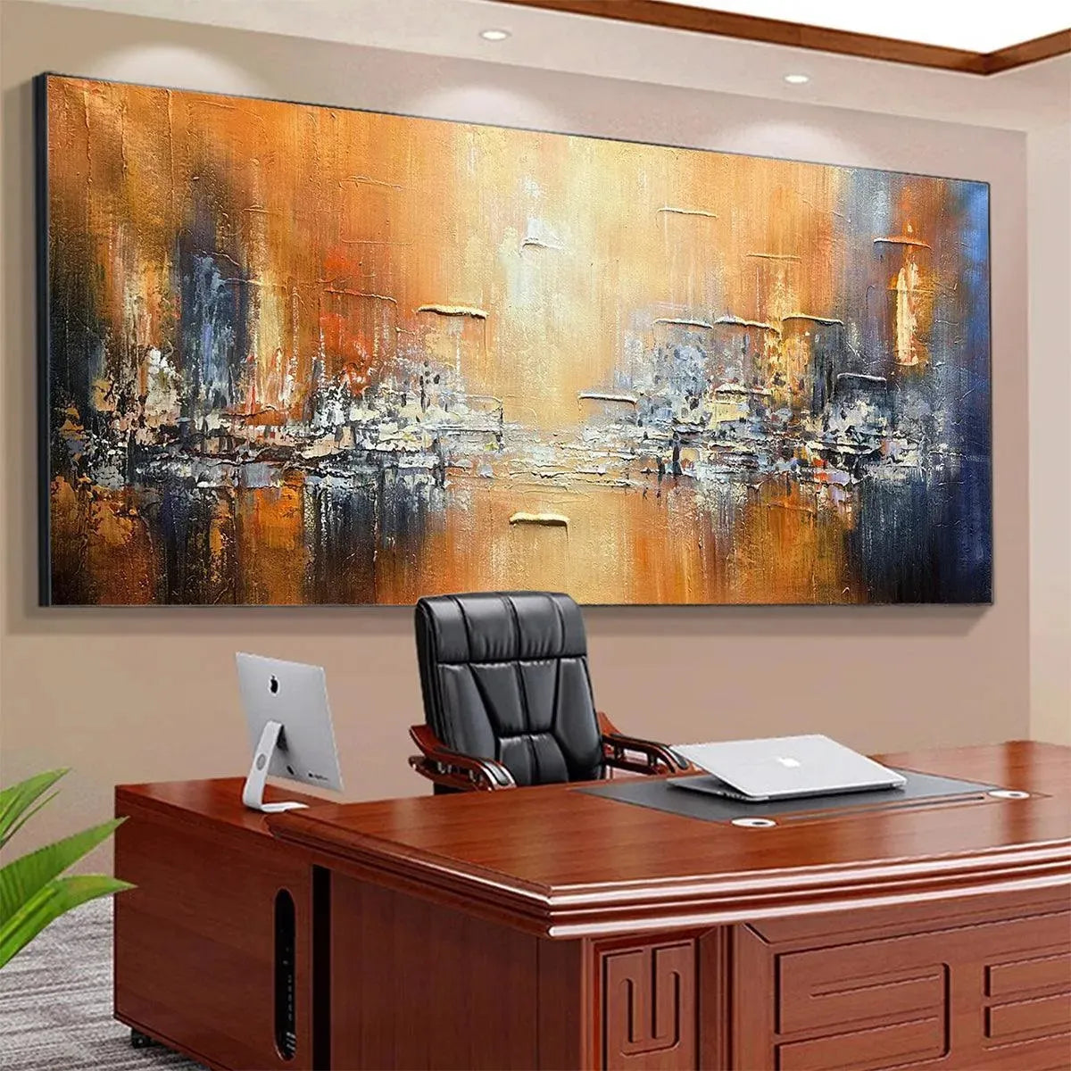 GOLDEN CITY: Textured Abstract Cityscape Painting in Orange and Blue - Image 6