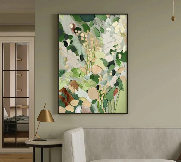 WHISPERING MEADOW: Textured Abstract Floral Painting in Green and Gold