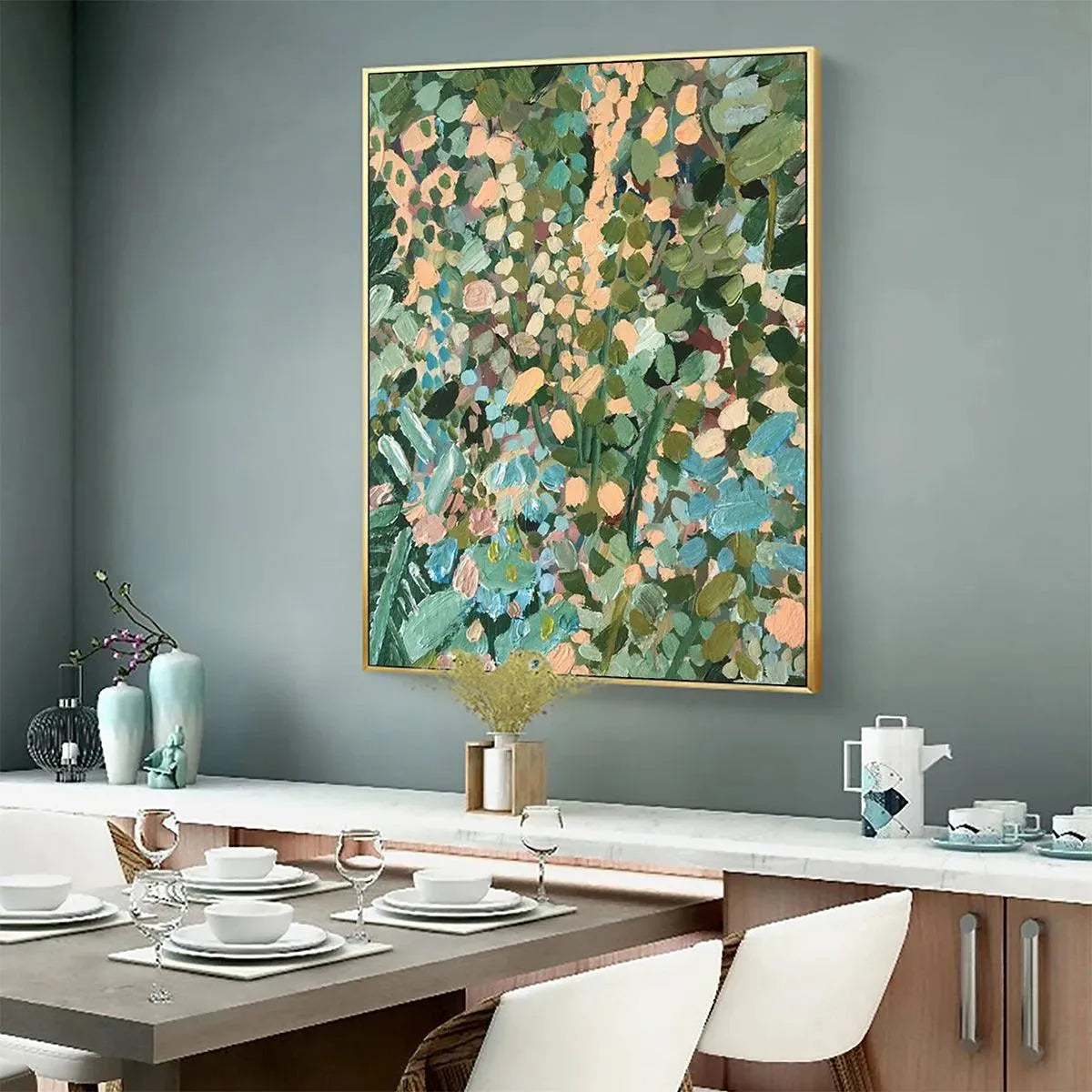 ENCHANTED GARDEN: Vertical Abstract Floral Painting in Green, Blue, and Peach - Image 6