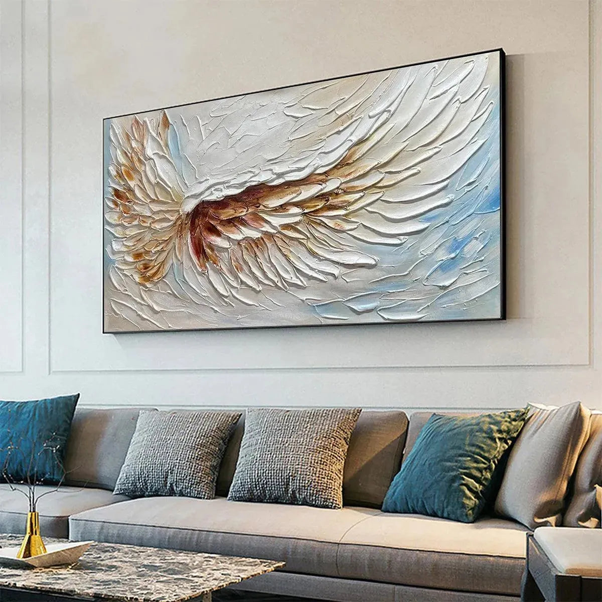 ANGEL WINGS: Textured White and Gold Angel Wing Painting - Image 5