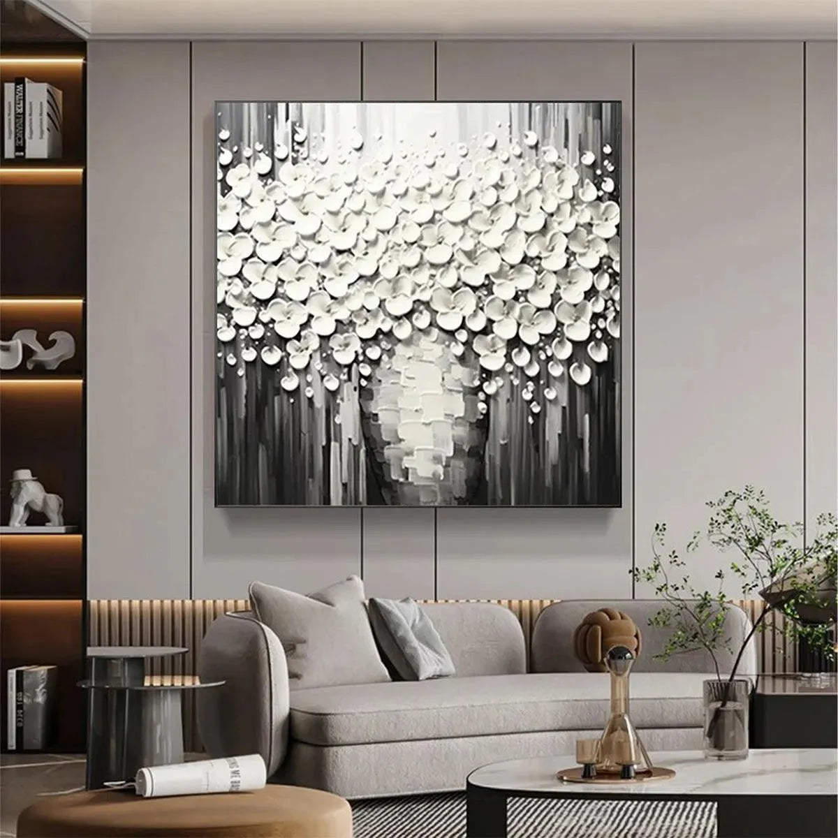 WHITE BOUQUET: Textured White Floral Painting on Grey Background - Image 2