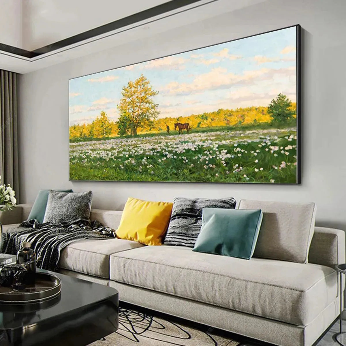 SUNLIT MEADOW: Tranquil Landscape Painting with Horse and Figure - Image 7