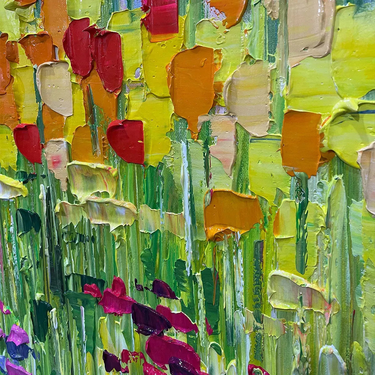 RAINBOW FIELD: Panoramic Impasto Colorful Flower Field Oil Painting - Image 3