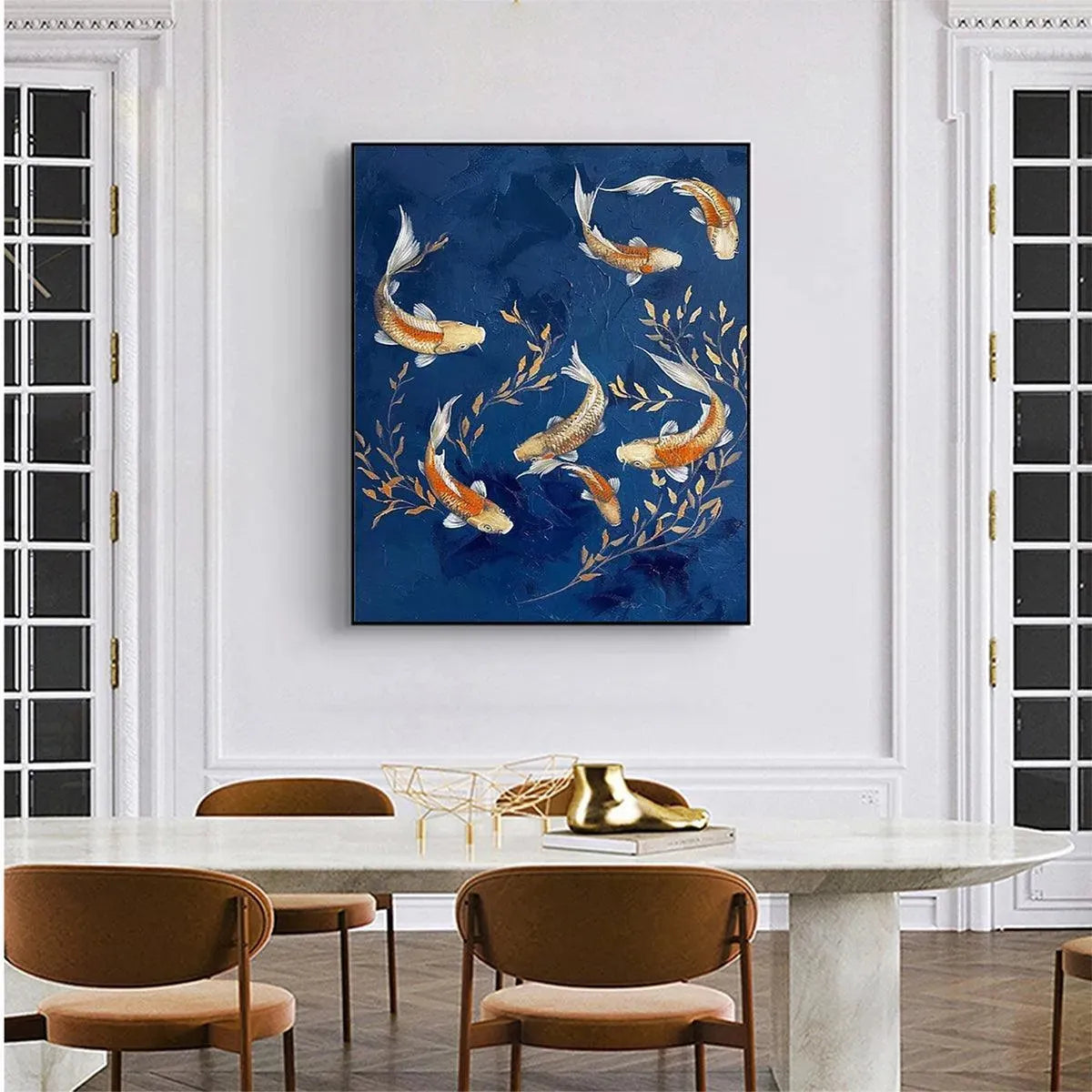 GOLDEN KOI: Vertical Koi Fish Painting on Blue Background - Image 7