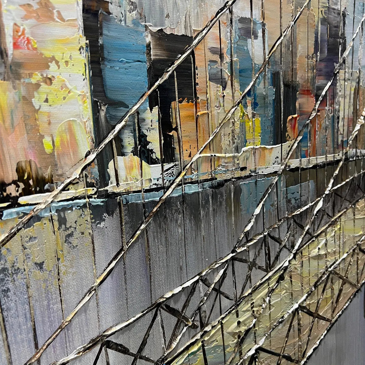 URBAN CONNECTIVITY: Panoramic Cityscape Oil Painting with Bridge - Image 3