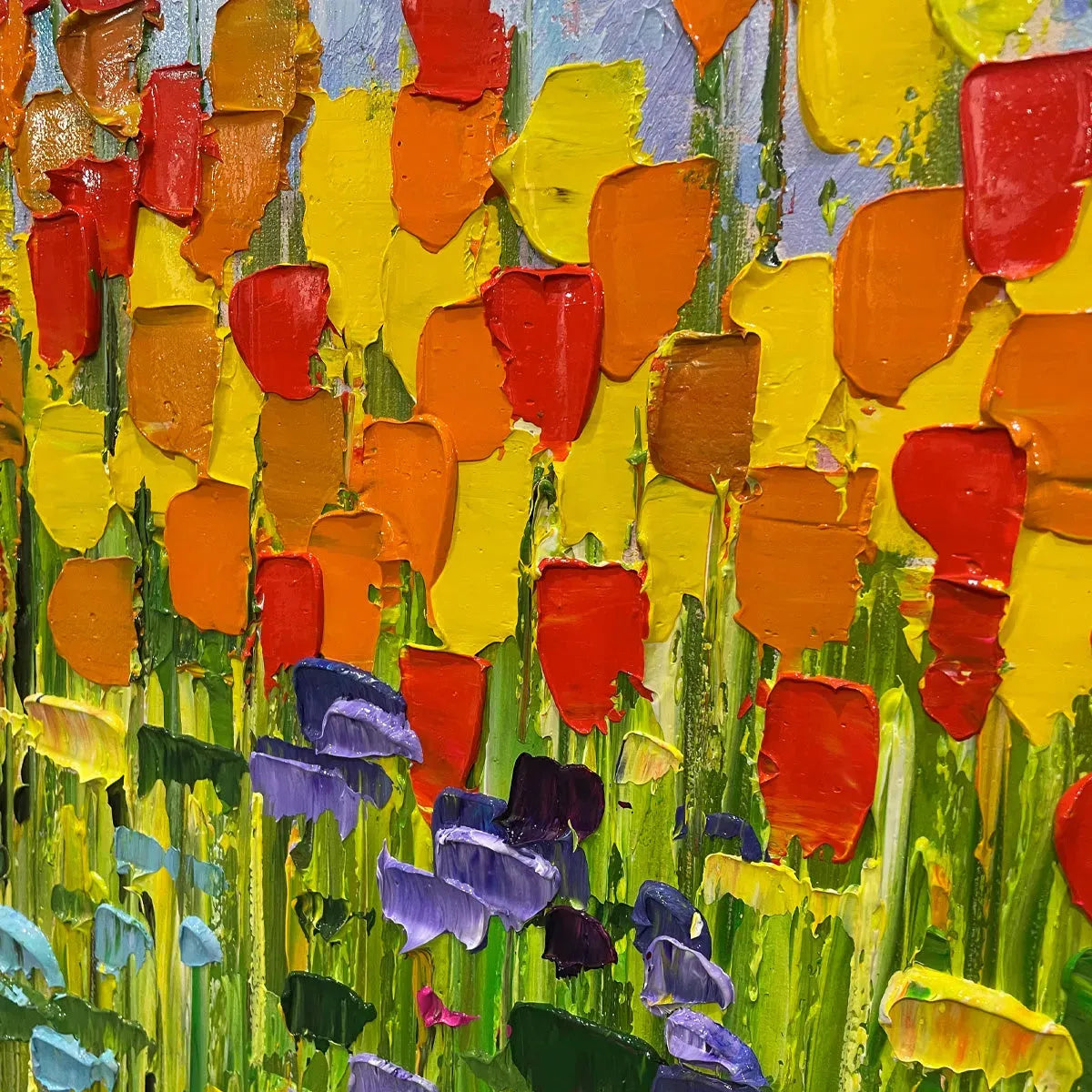 RAINBOW FIELD: Panoramic Impasto Colorful Flower Field Oil Painting - Image 6