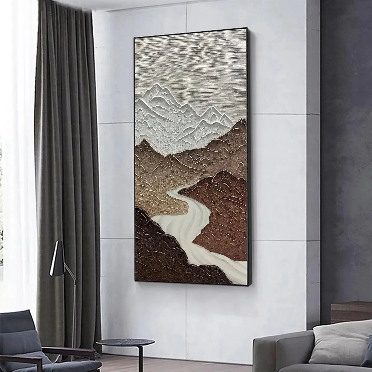 EARTH RIVER: Textured Brown and White Mountain River Landscape Painting - Image 7