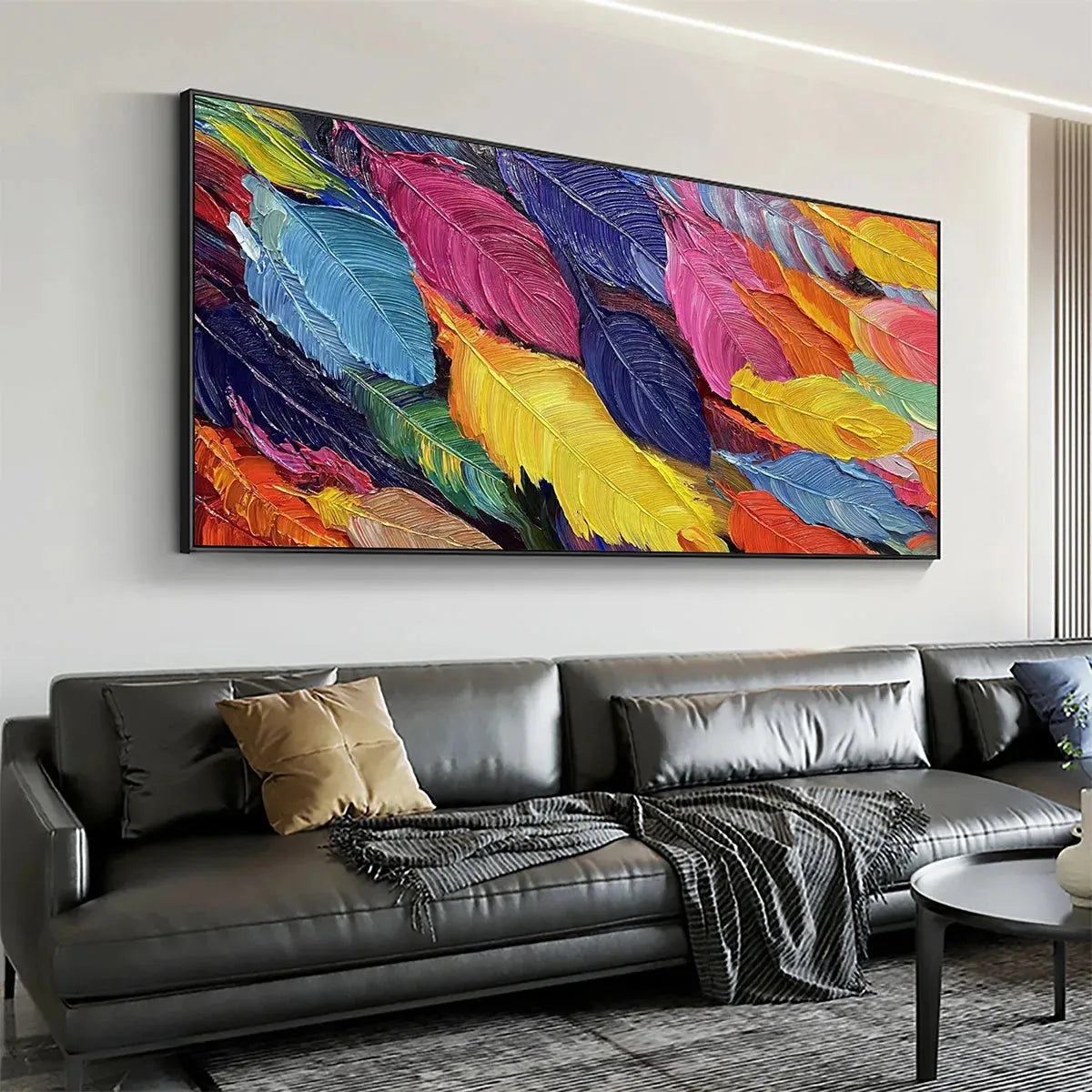 FEATHER DANCE: Horizontal Abstract Painting with Colorful Feathers, Textured Impasto, Modern Wall Art - Image 8