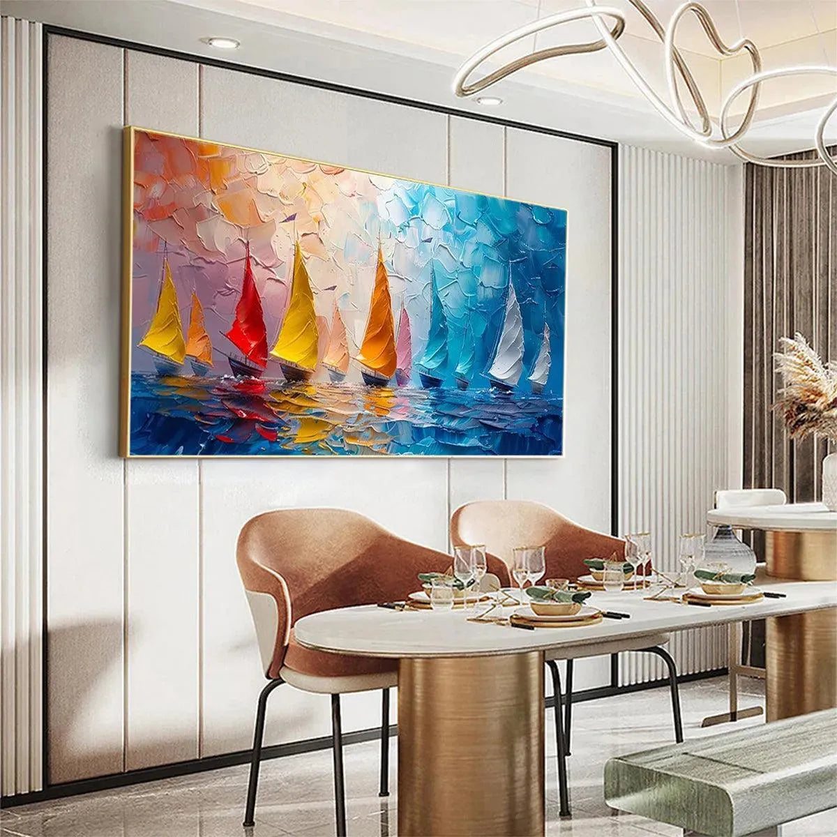 REGATTA: Textured Sailboat Painting, Impasto Wall Art, Panoramic Canvas, Coastal Decor - Image 8