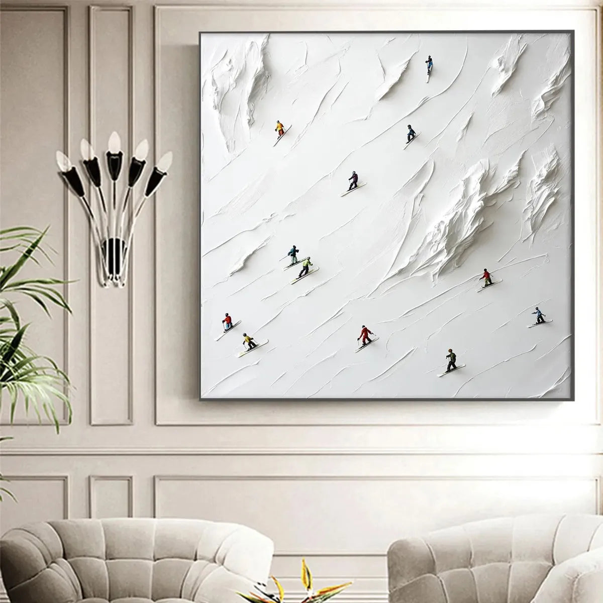 WHITE RUSH: Minimalist Skiing Painting on Textured Square Canvas - Image 8