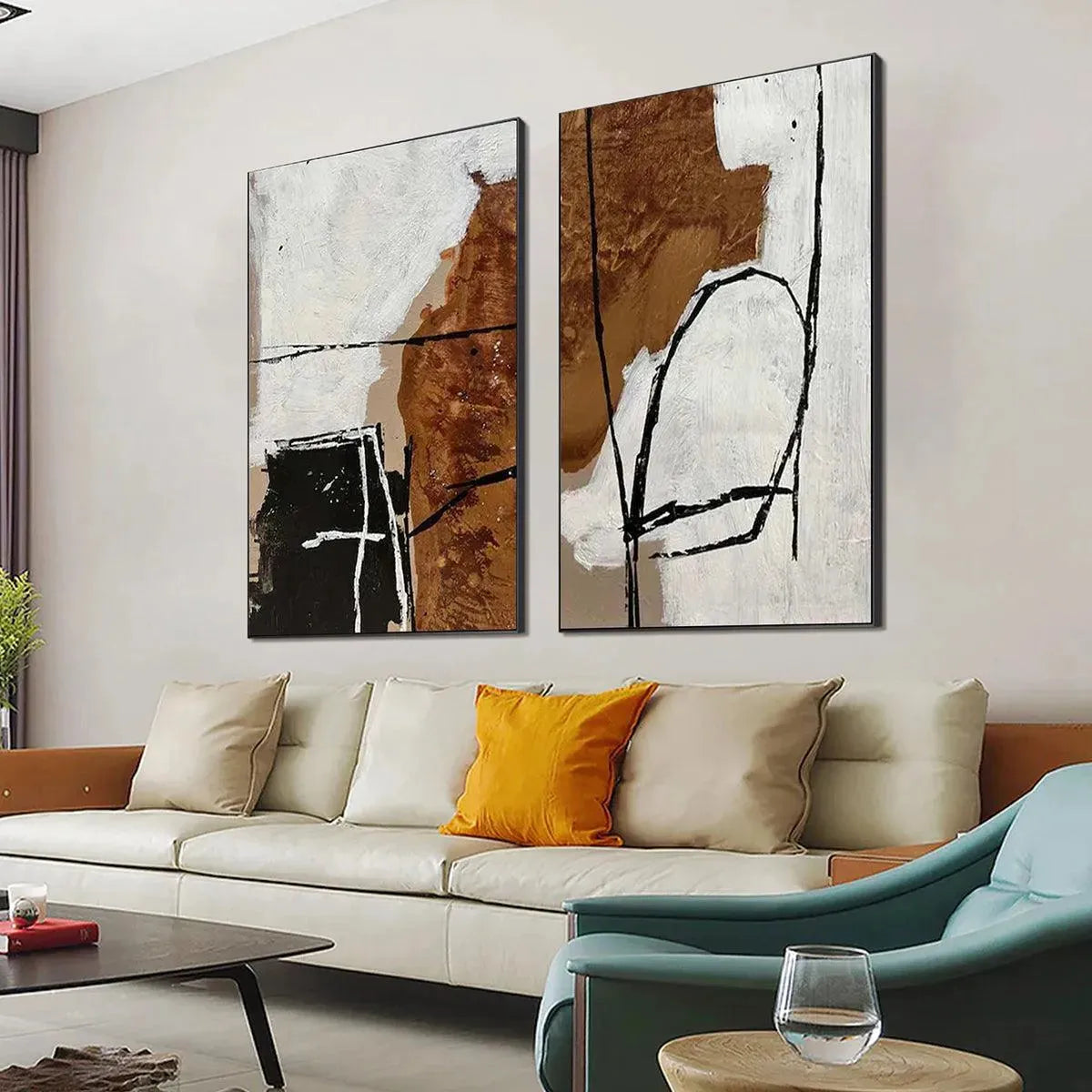 BROWN & WHITE ABSTRACT DIPTYCH: Abstract Painting Set of 2, Vertical Wall Art - Image 4