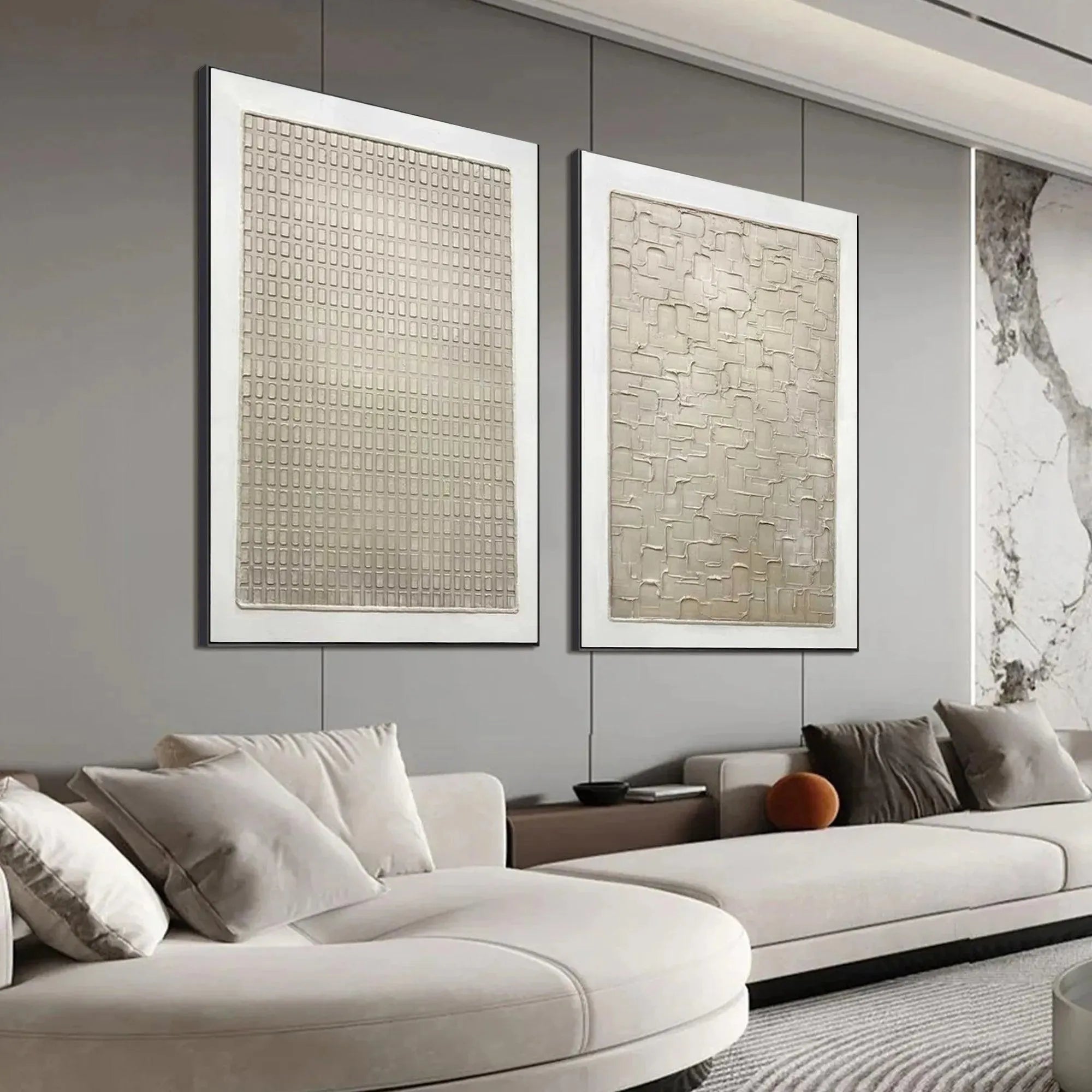 TEXTURED BEIGE GRID SET: Minimalist Textured Painting Set of 2 - Image 4