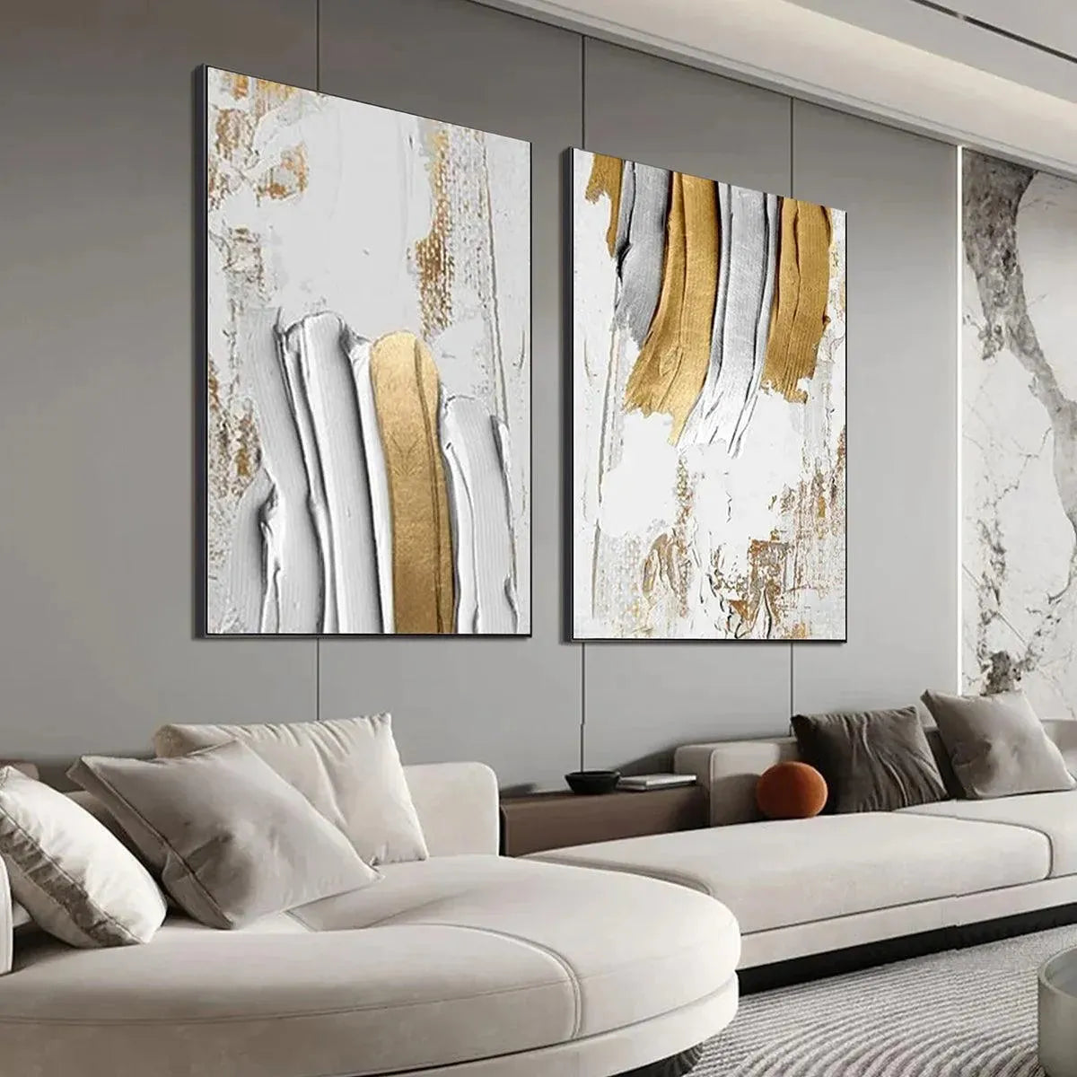 GOLDEN LINES DIPTYCH: Textured Abstract Painting Set of 2, Vertical Wall Art - Image 7