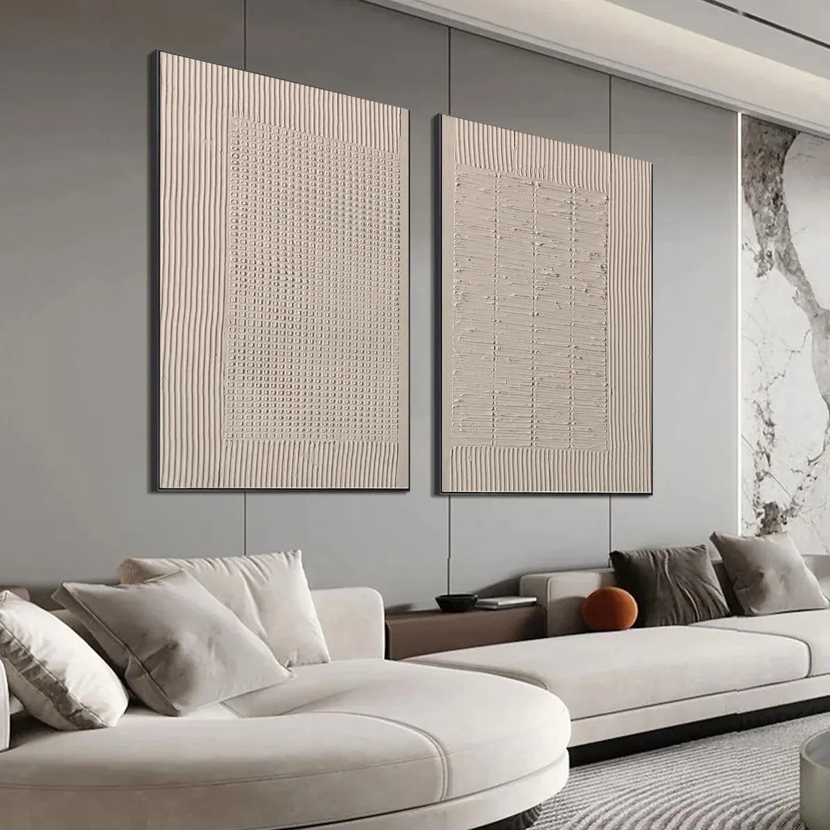 TEXTURED GRID DUO: Set of 2 Textured Abstract Paintings in Beige - Image 4