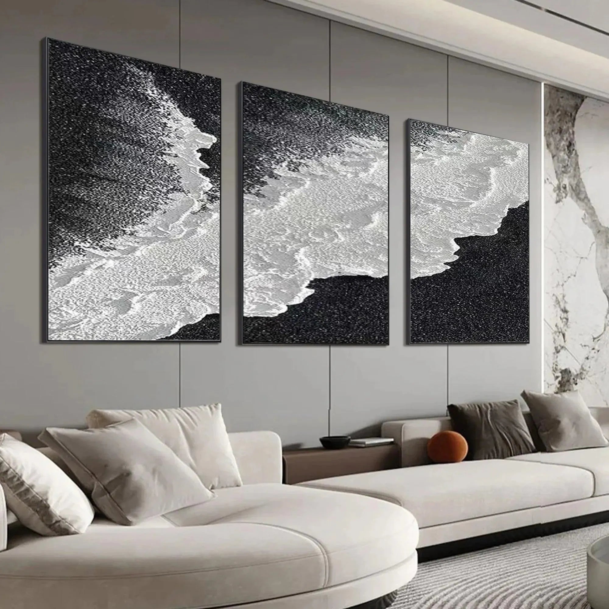 BLACK & WHITE OCEAN TRIPTYCH: Abstract Ocean Painting Set of 3, Vertical Wall Art - Image 3