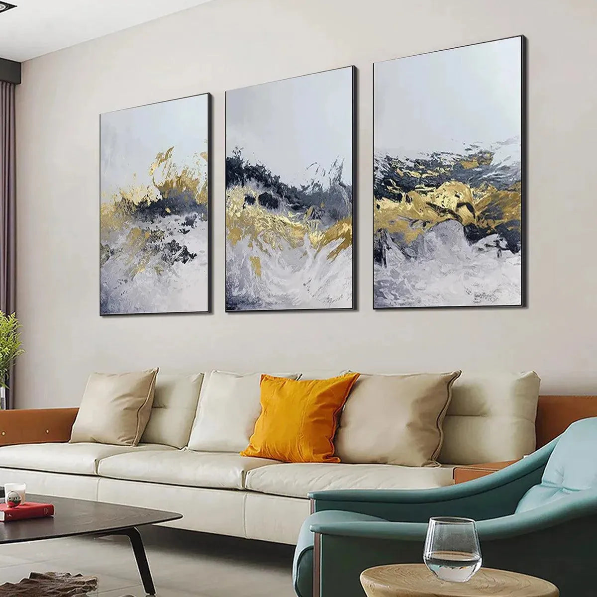GOLD & GREY ABSTRACT TRIPTYCH: Abstract Painting Set of 3, Vertical Wall Art - Image 7