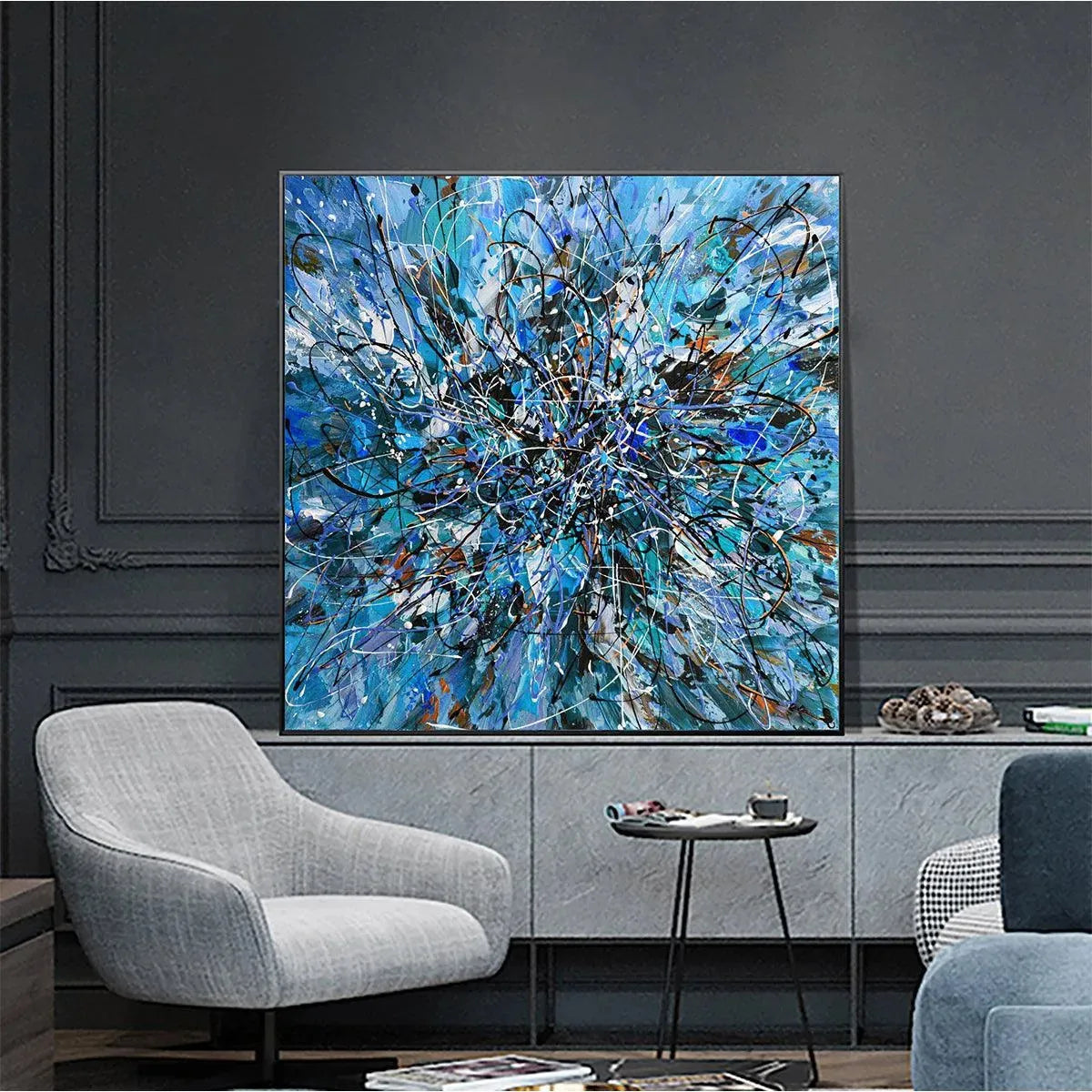 AZURE EXPLORATION: Abstract Blue and Black Oil Painting - Image 6