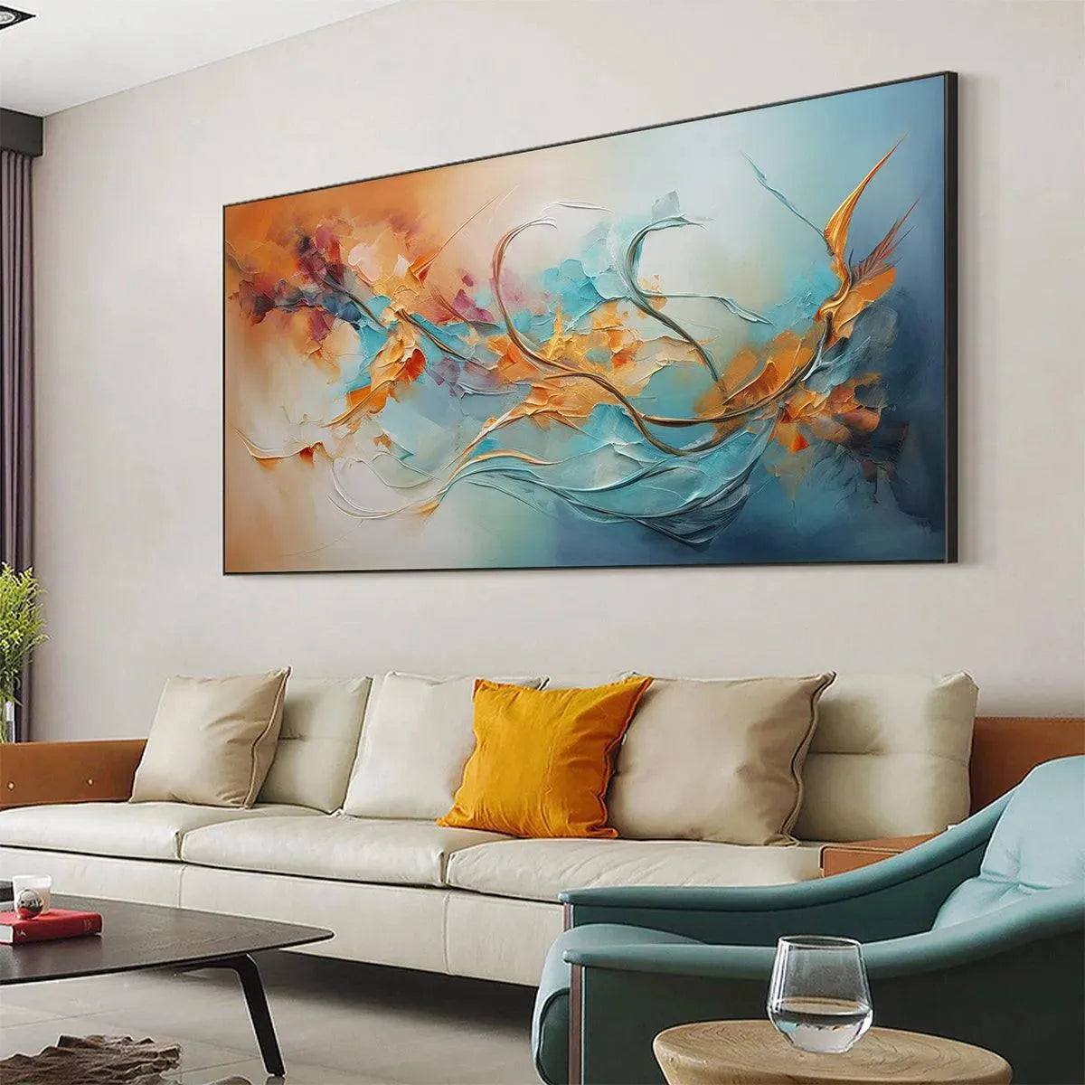SERENE DAWN: Panoramic Abstract Teal and Gold Oil Painting - Image 7