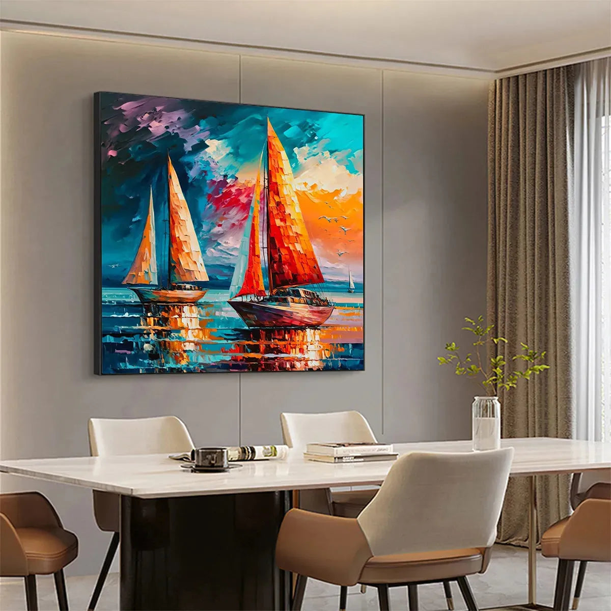 EVENING SAIL: Square Sailboat Painting, Colorful Sunset - Image 7