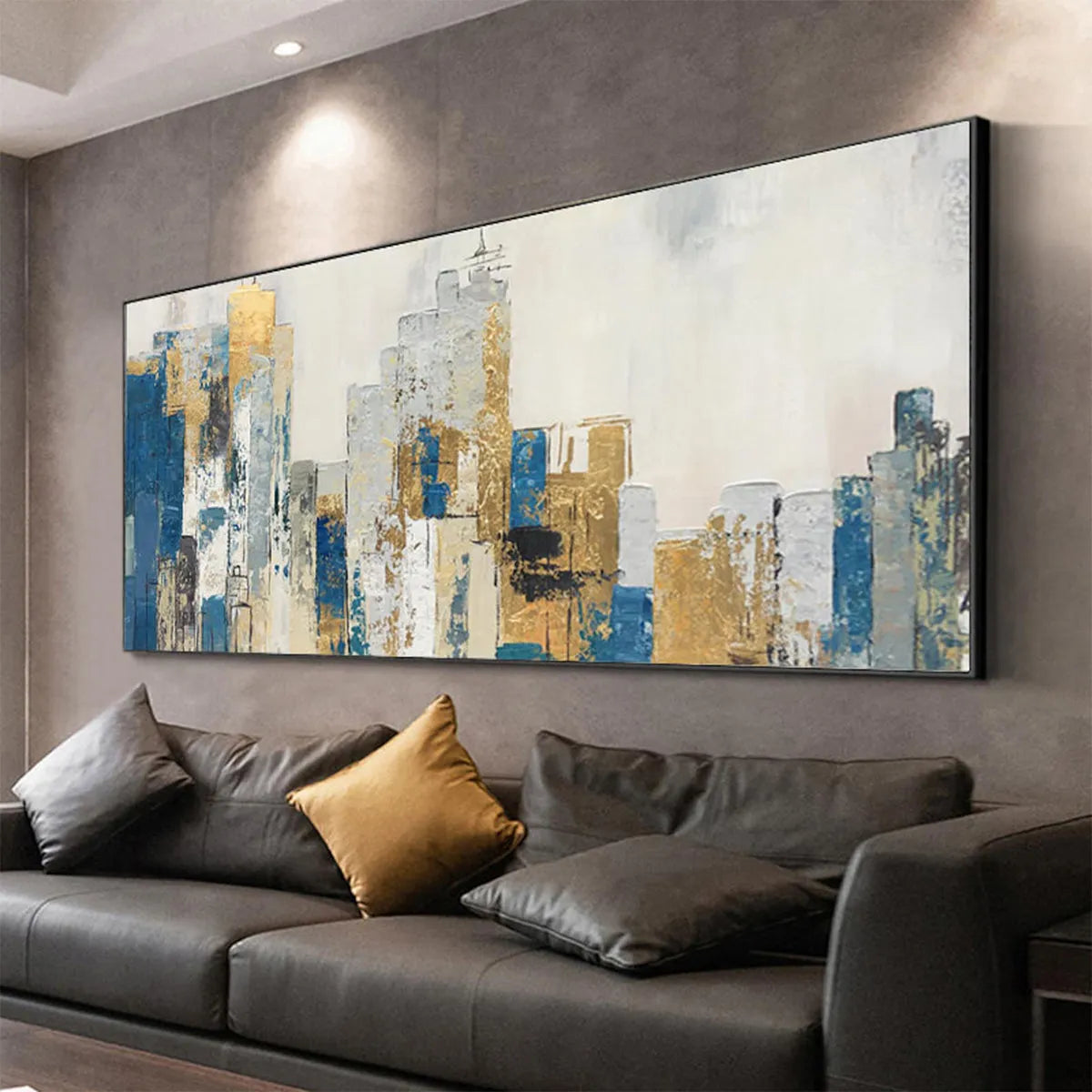 GOLDEN METROPOLIS: Abstract Cityscape Oil Painting in Gold and Blue - Image 6
