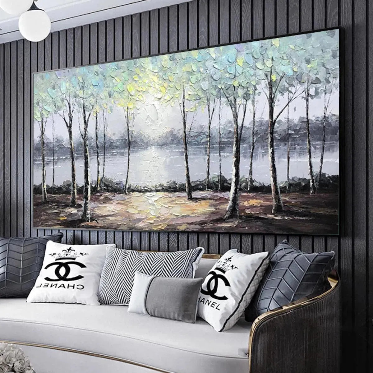 SERENE WATERS: Panoramic Landscape Painting, Textured Trees and Lake - Image 5