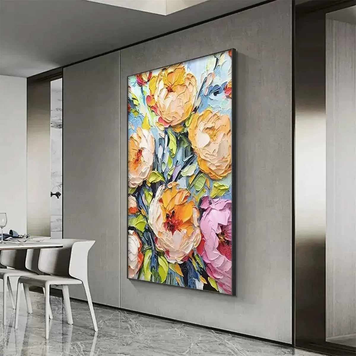 SUMMER BLOOM: Textured Impasto Floral Painting in Yellow and Pink for Living Room - Image 8