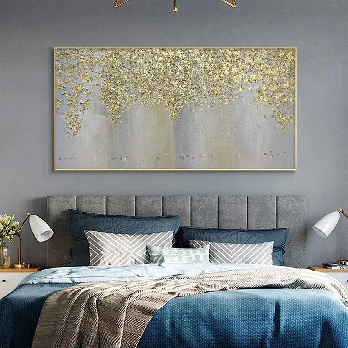 GOLDEN DRIZZLE: Gold Leaf Abstract Painting, Grey and Gold Wall Art, Horizontal Canvas, Modern Decor - Image 8