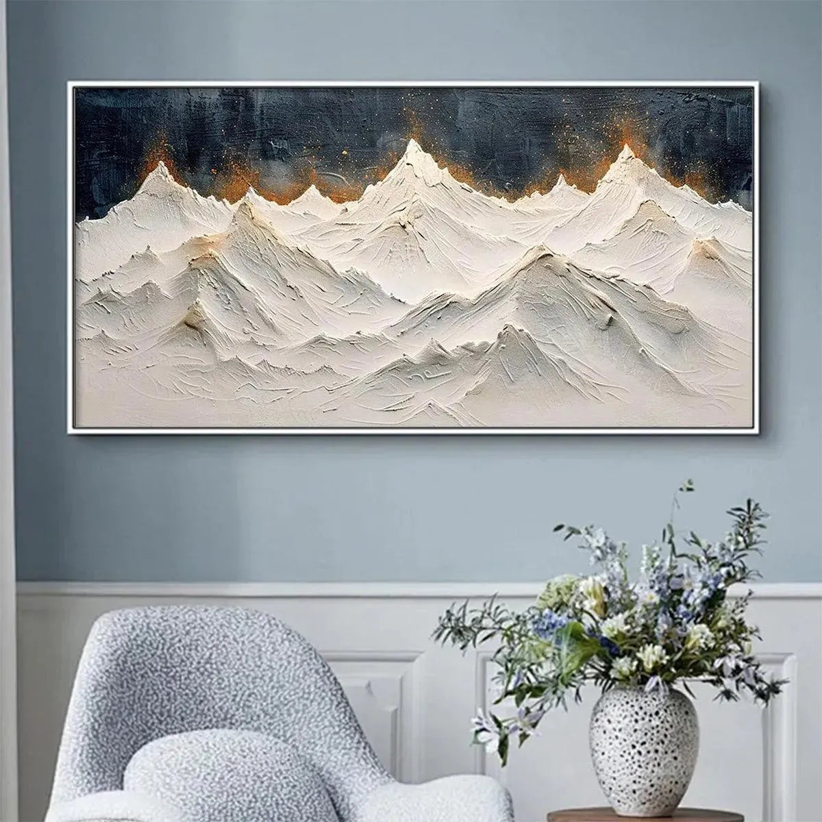 SNOWY PEAKS: Textured White and Gold Mountain Painting for Living Room - Image 9