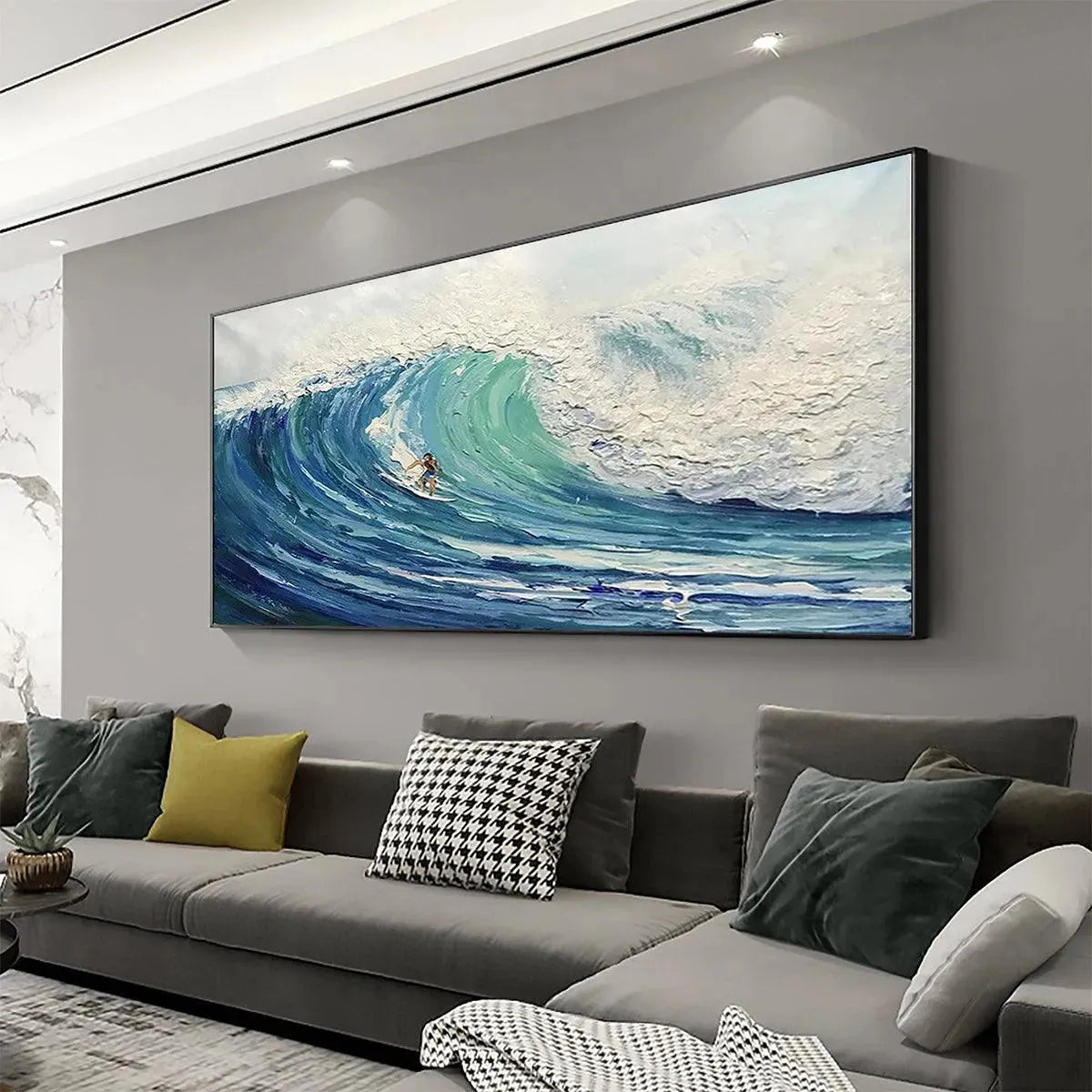 EMERALD SURGE: Textured Blue Ocean Wave Painting with Surfer - Image 8
