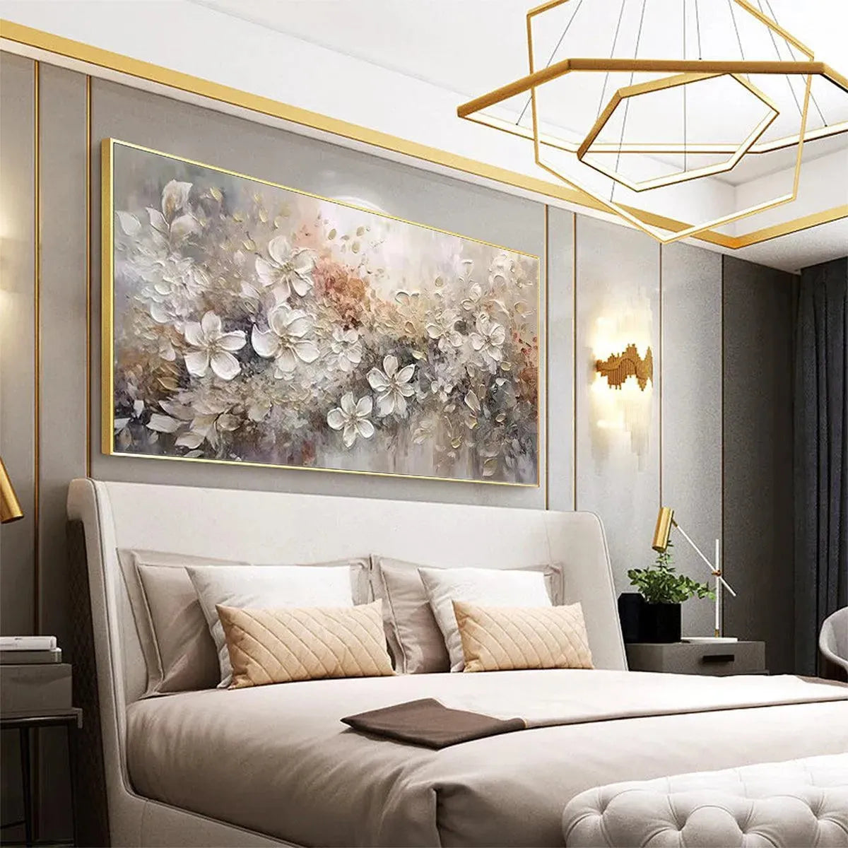 WHISPERING BLOSSOMS: Textured Beige and White Floral Impasto Painting - Image 7